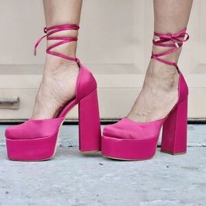 Womens Satin Platform Chunky Lace Up Heels Pink Color
